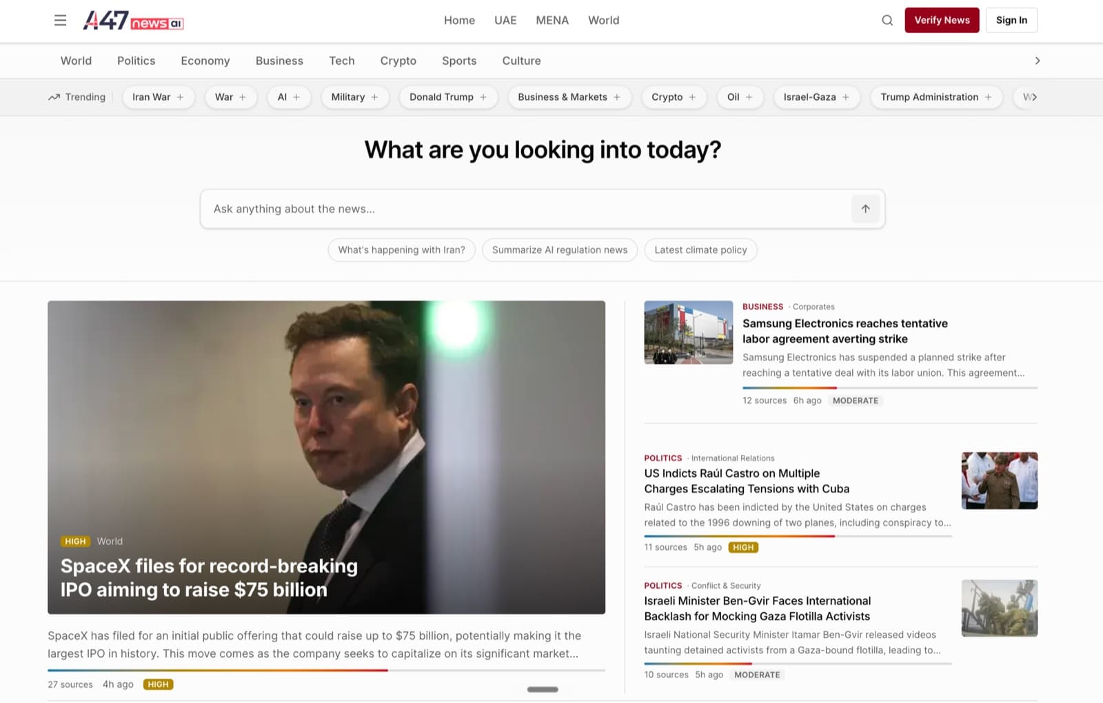The live A47 News newsroom at a47news.ai, showing verified multi-source stories across world, politics, and business