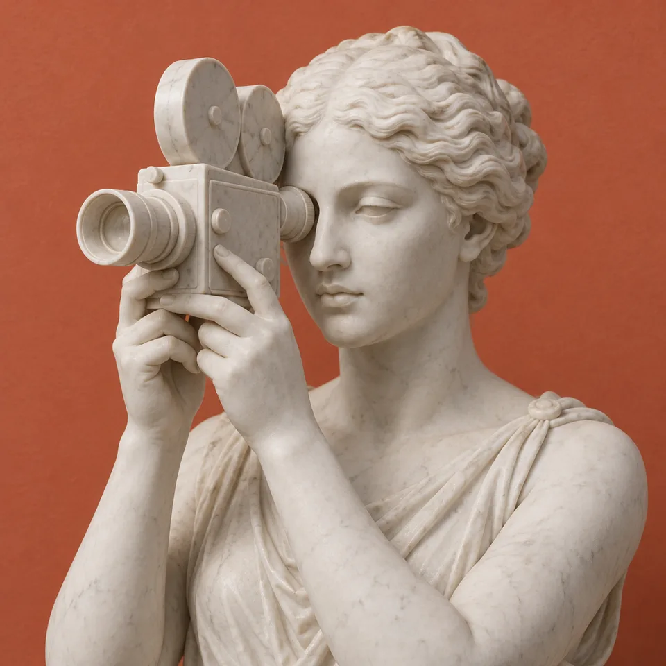 A white marble bust looking through a carved film camera