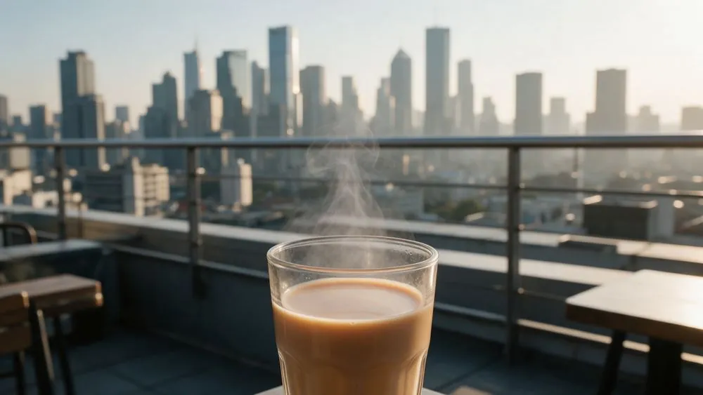 A hot drink on a rooftop at golden hour