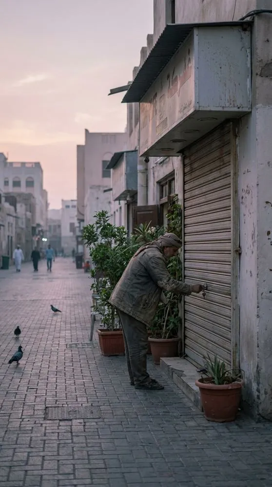 A shopkeeper unlocks his shutter at dawn