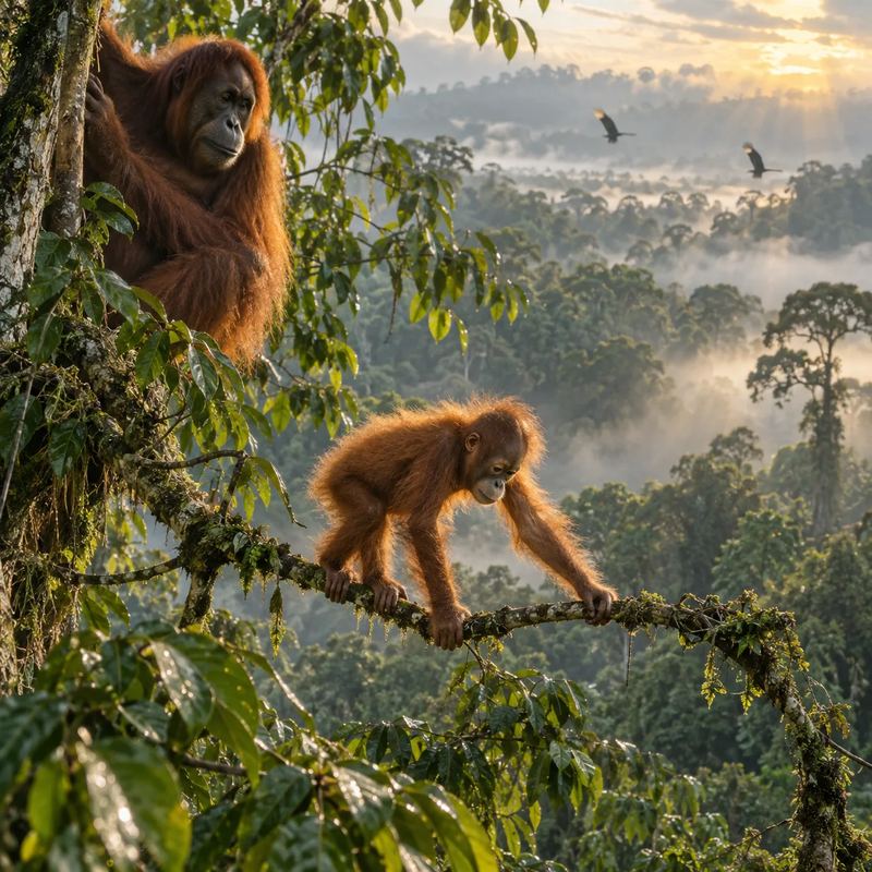 A young orangutan crosses a branch while its mother watches at sunrise