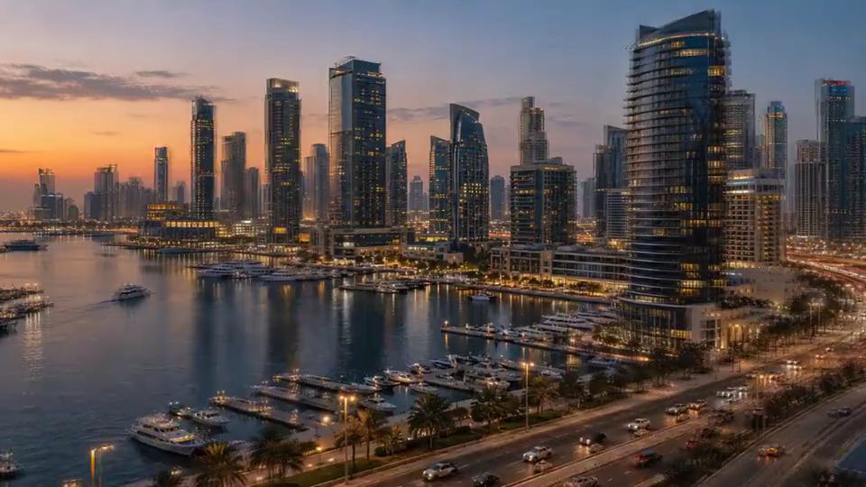 Push-in: Marina at dusk